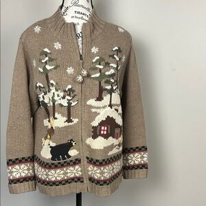 Croft & Barrow Petite Winter Cottage Black Lab Cardigan Sweater PL Snow Angora